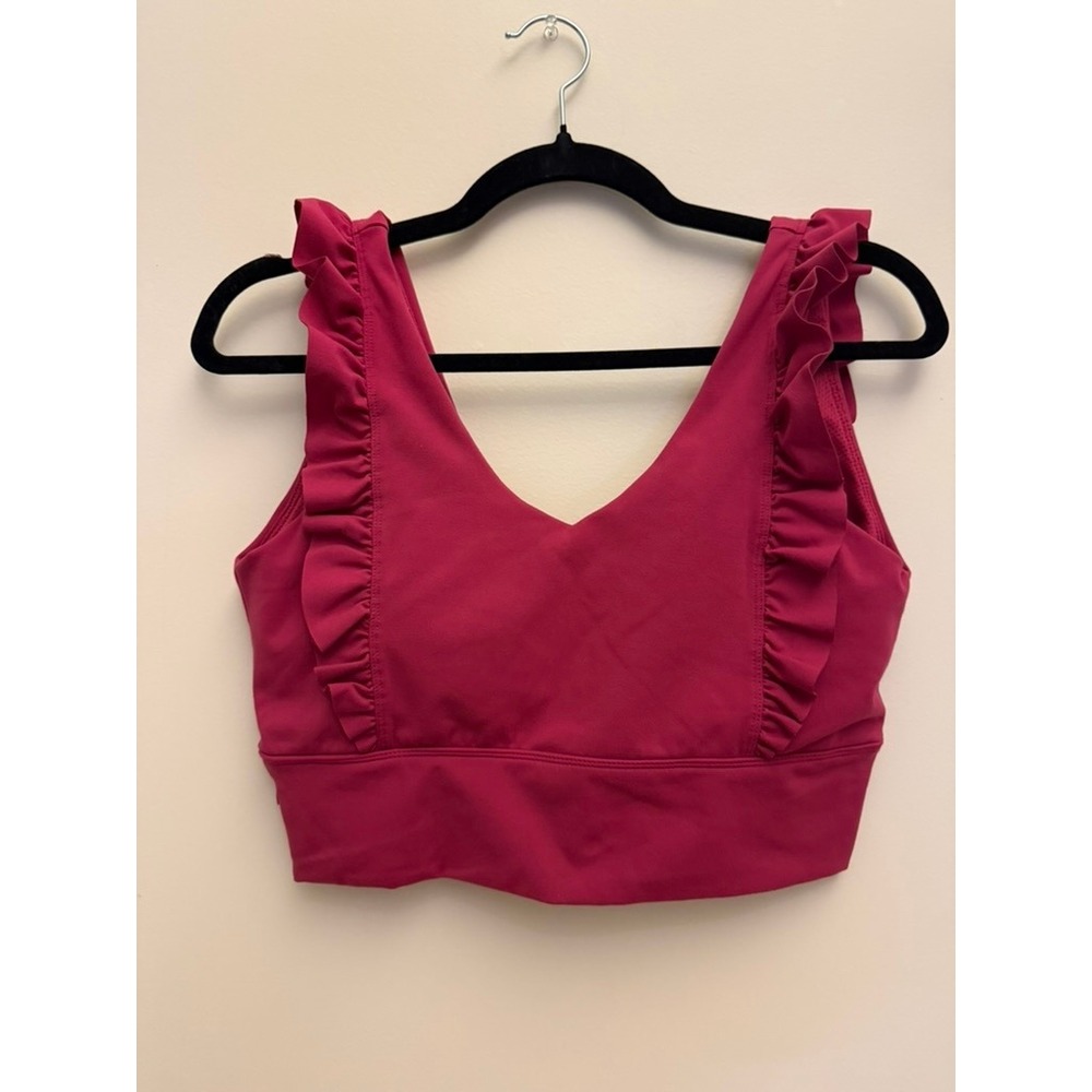 Senita Athletics Ruffle Sports Bra Magenta Pink V-Neck Side Pocket Womens Large‎